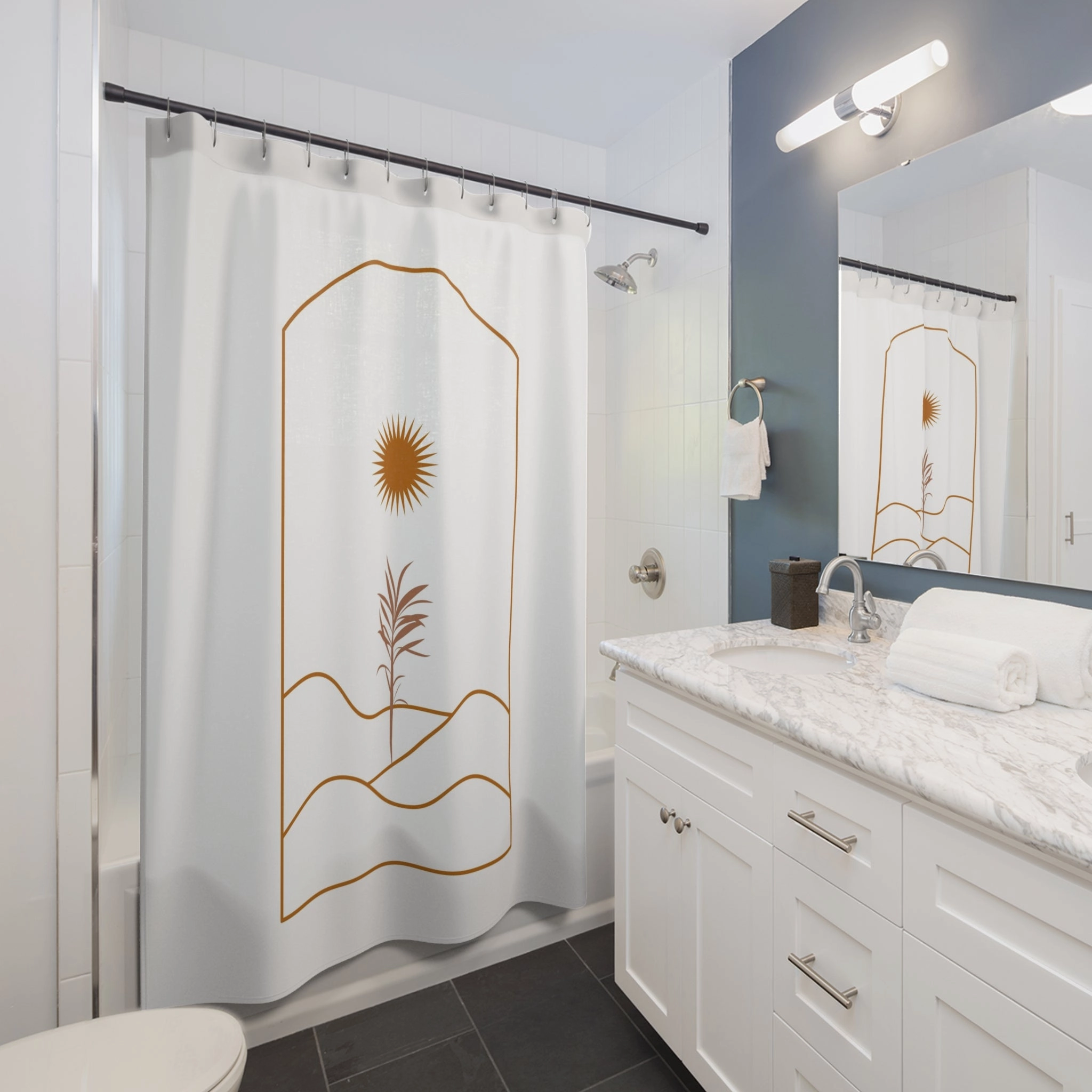 Boho Shower Curtain | White, Terracotta Sun, Abstract