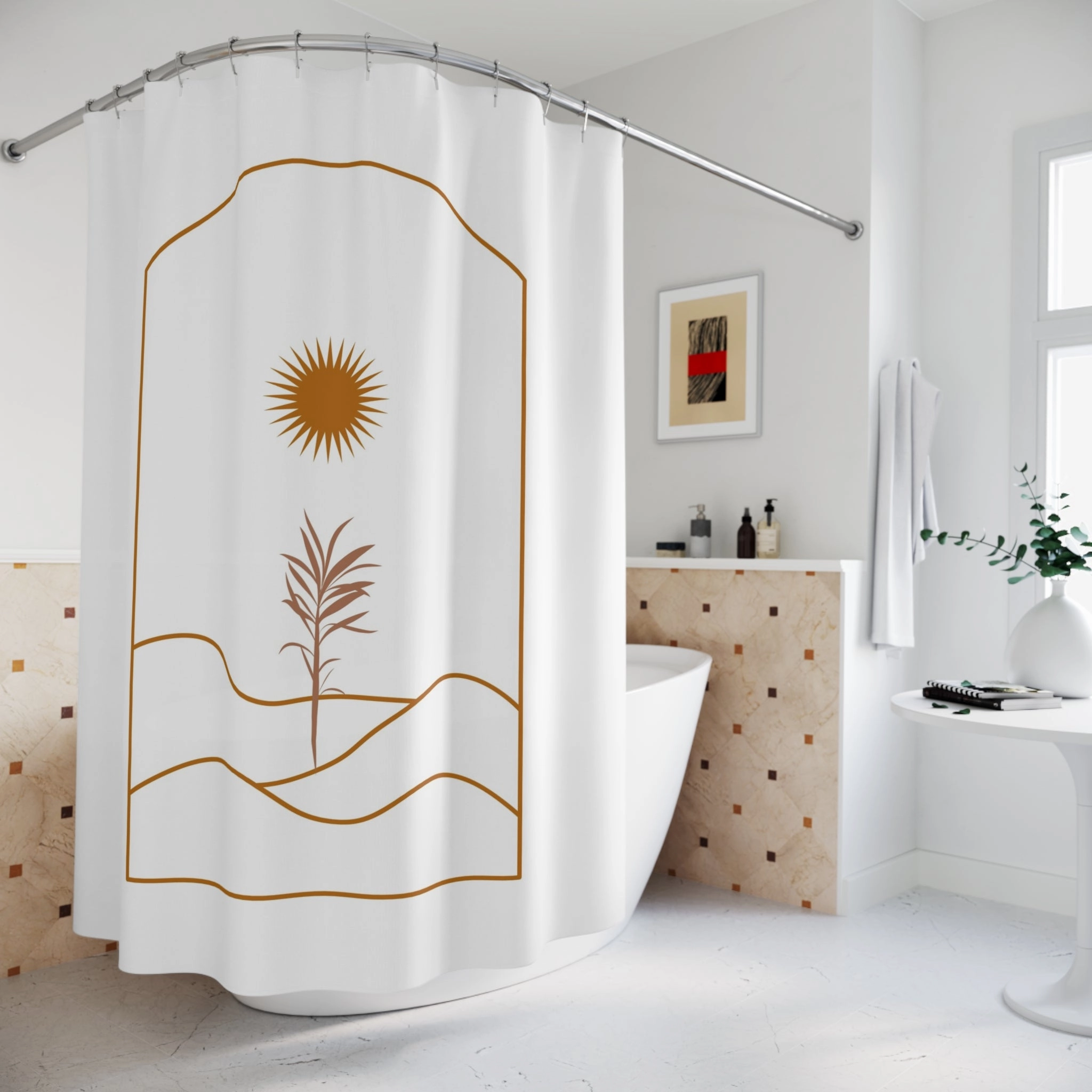 Boho Shower Curtain | White, Terracotta Sun, Abstract