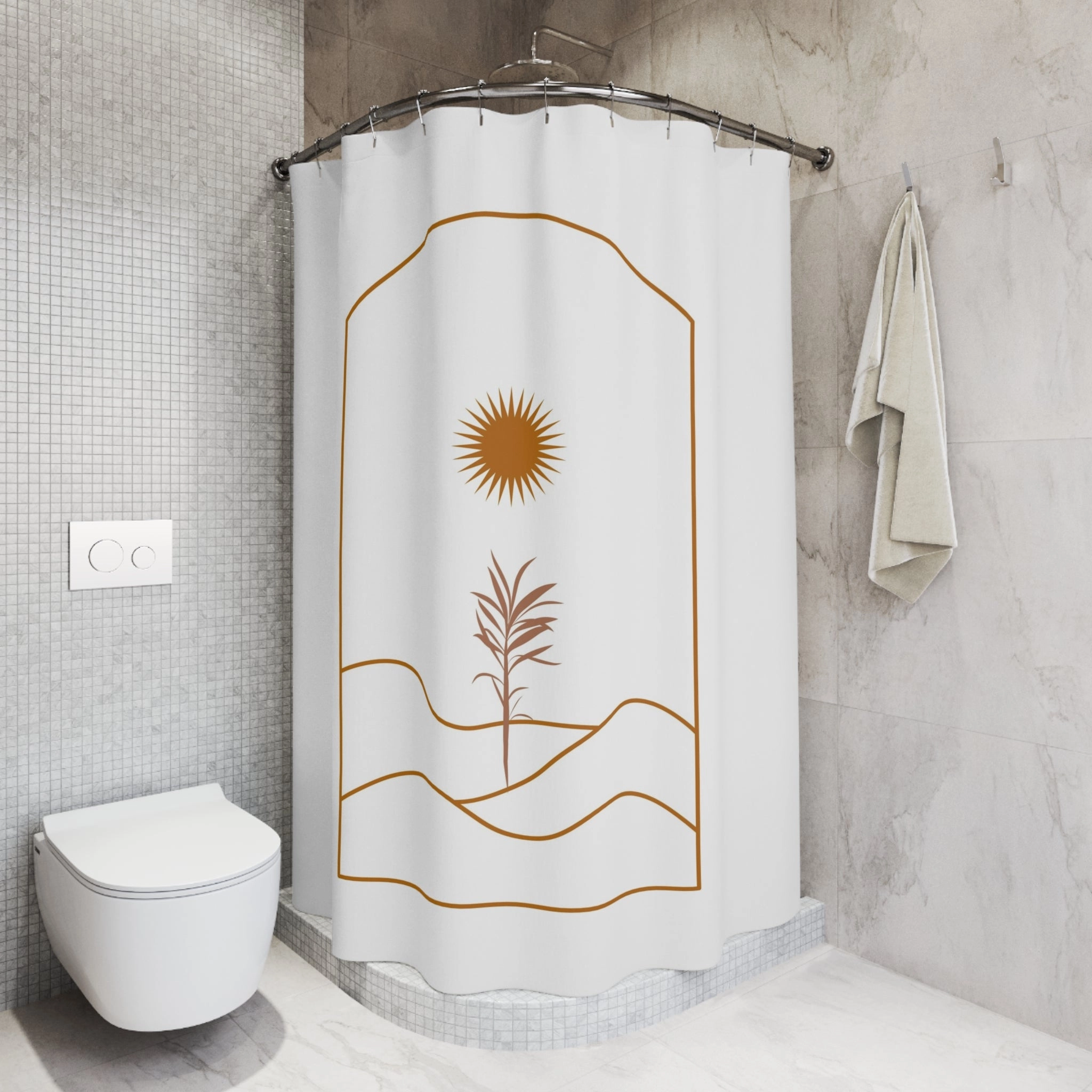 Boho Shower Curtain | White, Terracotta Sun, Abstract