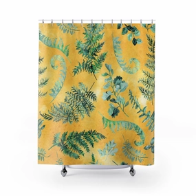 Boho Shower Curtain | Yellow Green, Herbal Leaves Watercolor Lighting,Home Lighting