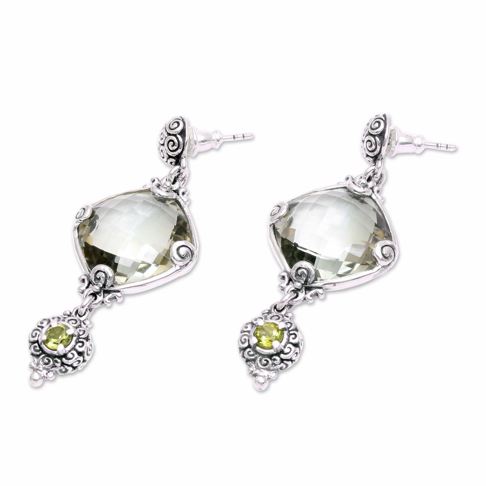Borobudur Glimmer Silver 925 Prasiolite and Peridot Dangle Earrings from Bali