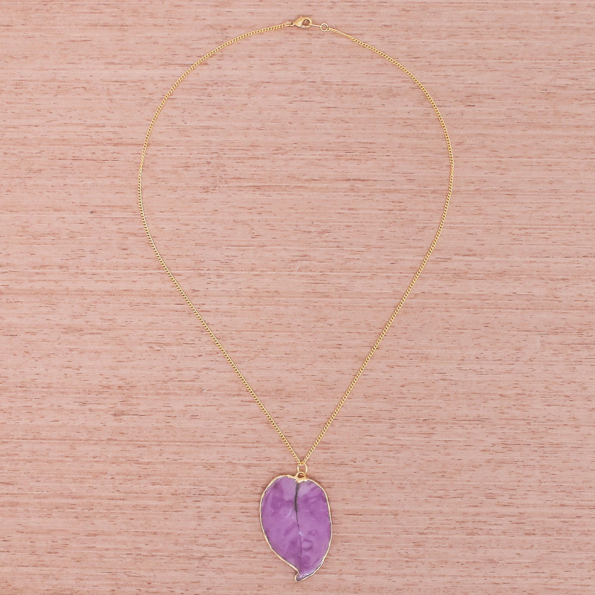 Bougainvillea Love in Purple Gold Accented Natural Flower Pendant Necklace in Purple