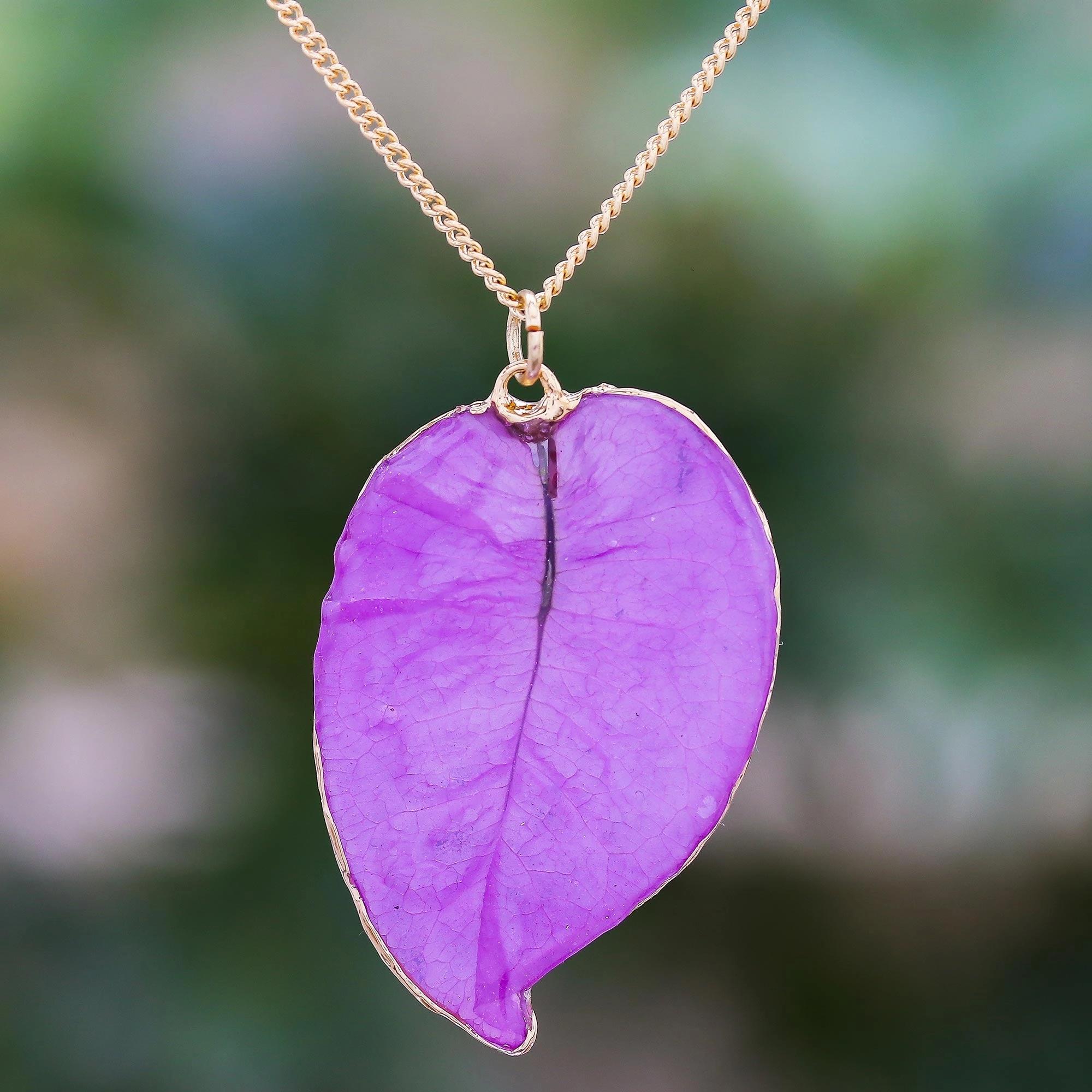 Bougainvillea Love in Purple Gold Accented Natural Flower Pendant Necklace in Purple