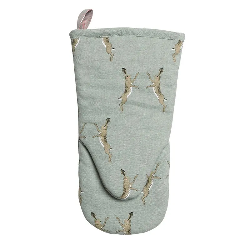 Boxing Hares Oven Mitt, Duck Egg Grey