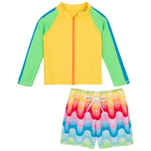Boys Long Sleeve Zipper Rash Guard and Swim Trunk Set | "Surf's Up"