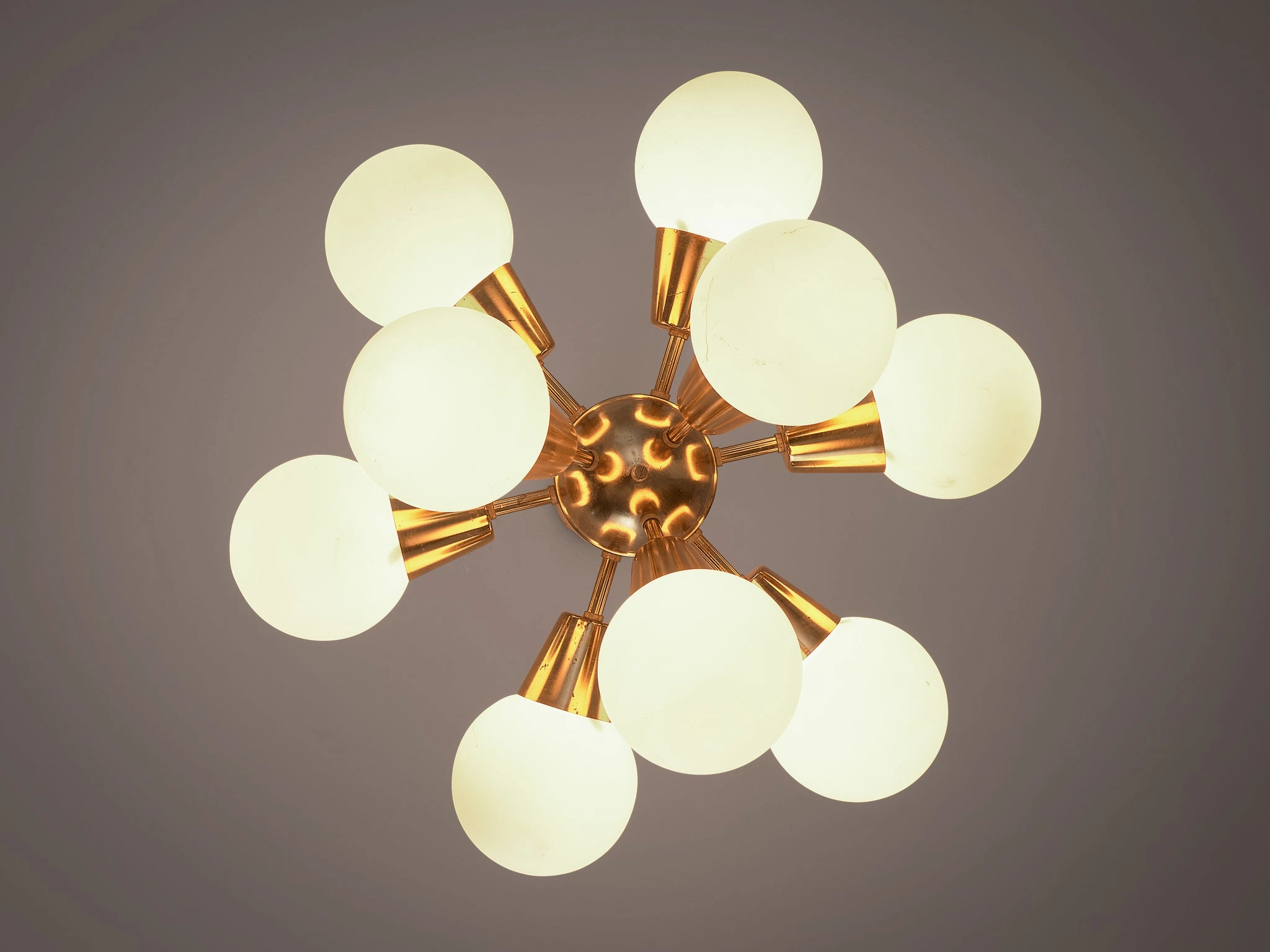 Brass Sputnik Chandelier with Opaline Glass Spheres