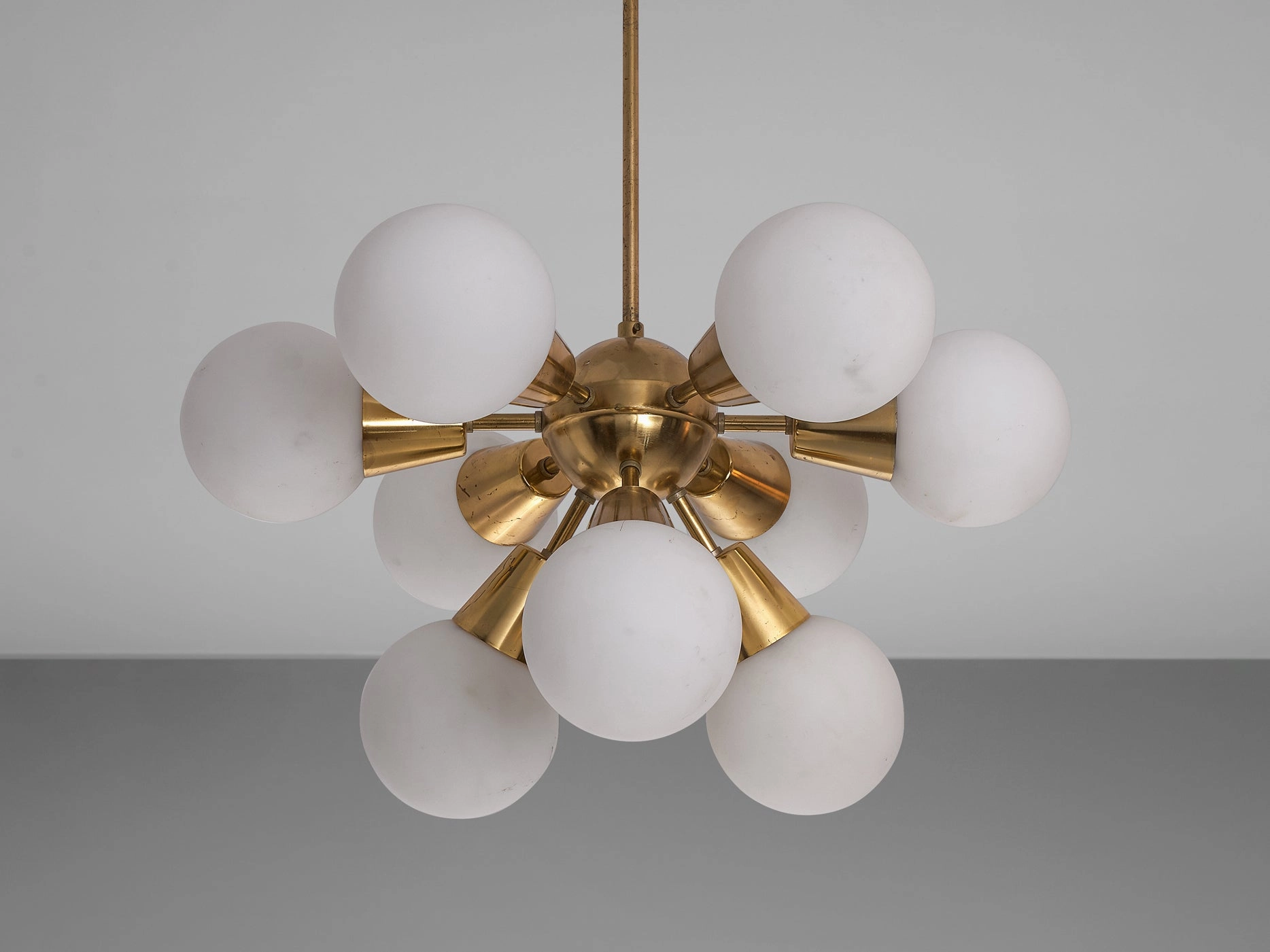 Brass Sputnik Chandelier with Opaline Glass Spheres