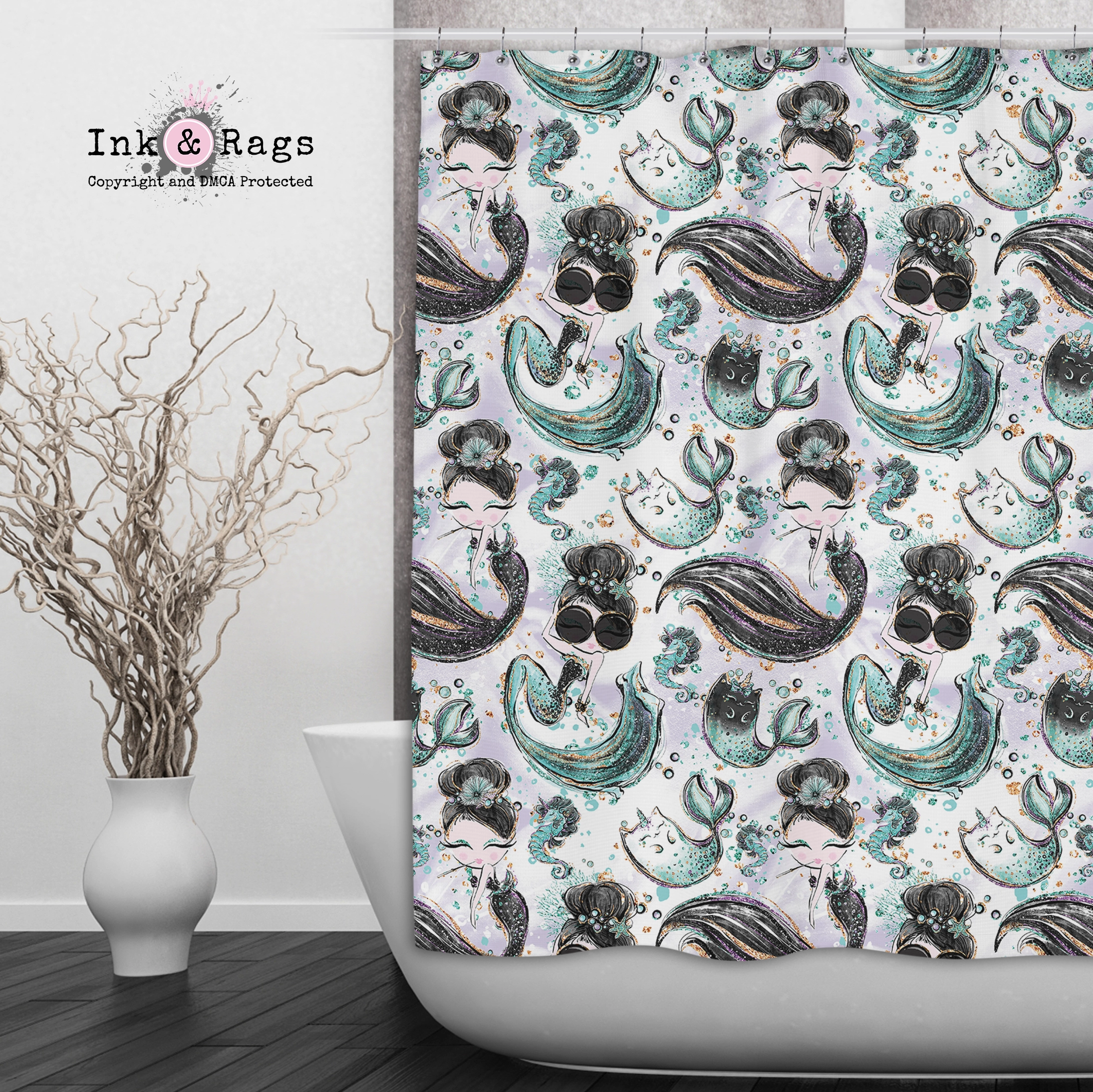 Breakfast At Tiffany Audrey Mermaid Caticorn Shower Curtains and Optional Bath Mats Lighting,Lamps Fixtures