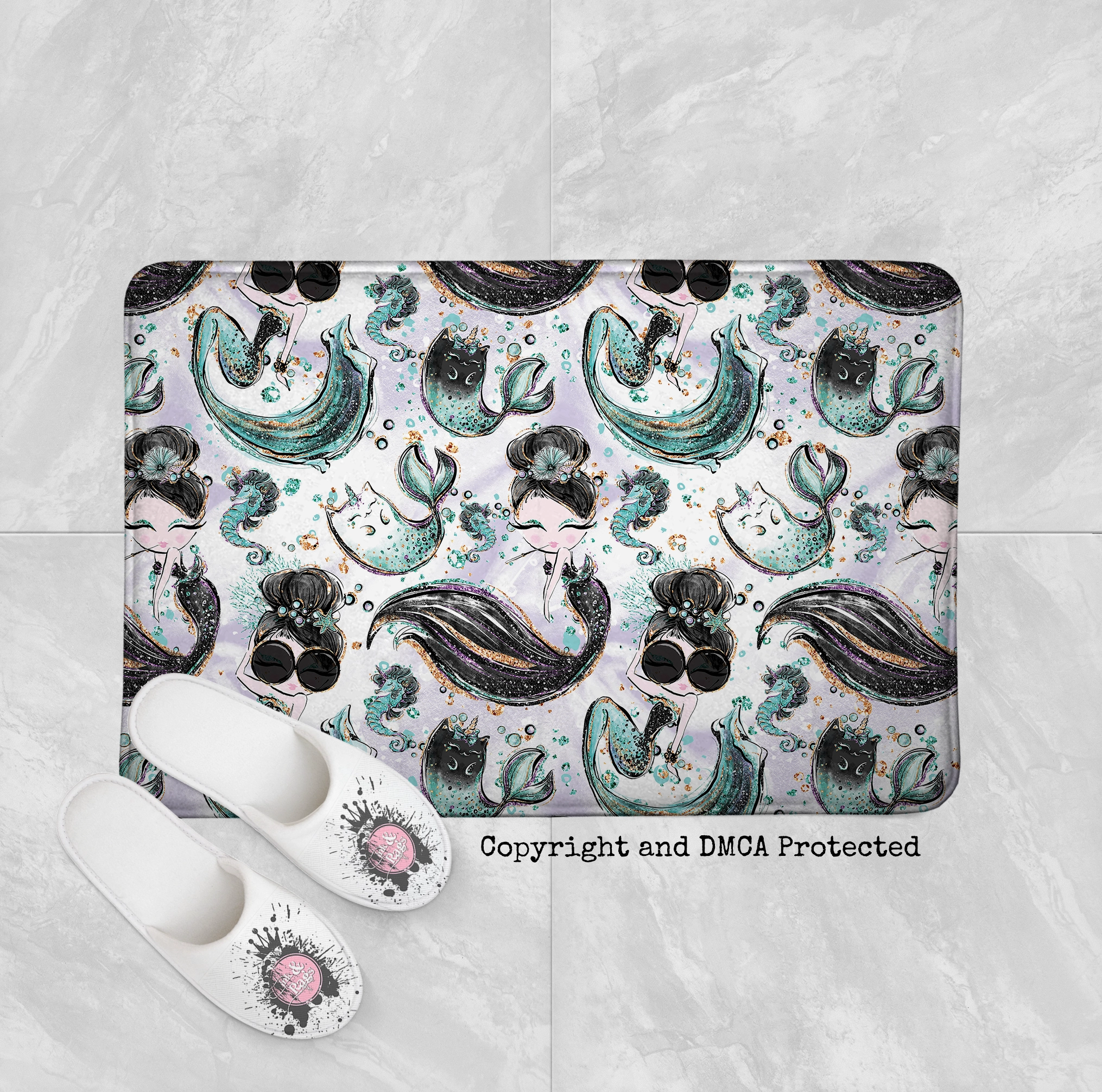 Breakfast At Tiffany Audrey Mermaid Caticorn Shower Curtains and Optional Bath Mats