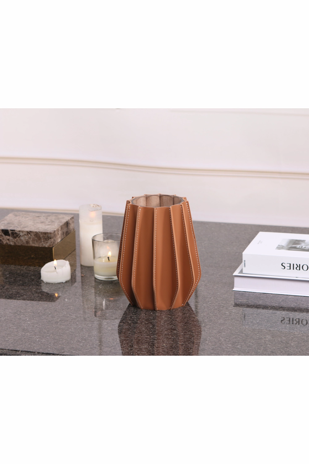 Brown Leather Fluted Vase | Liang & Eimil Juana