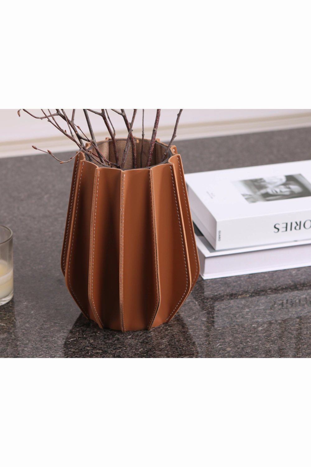 Brown Leather Fluted Vase | Liang & Eimil Juana