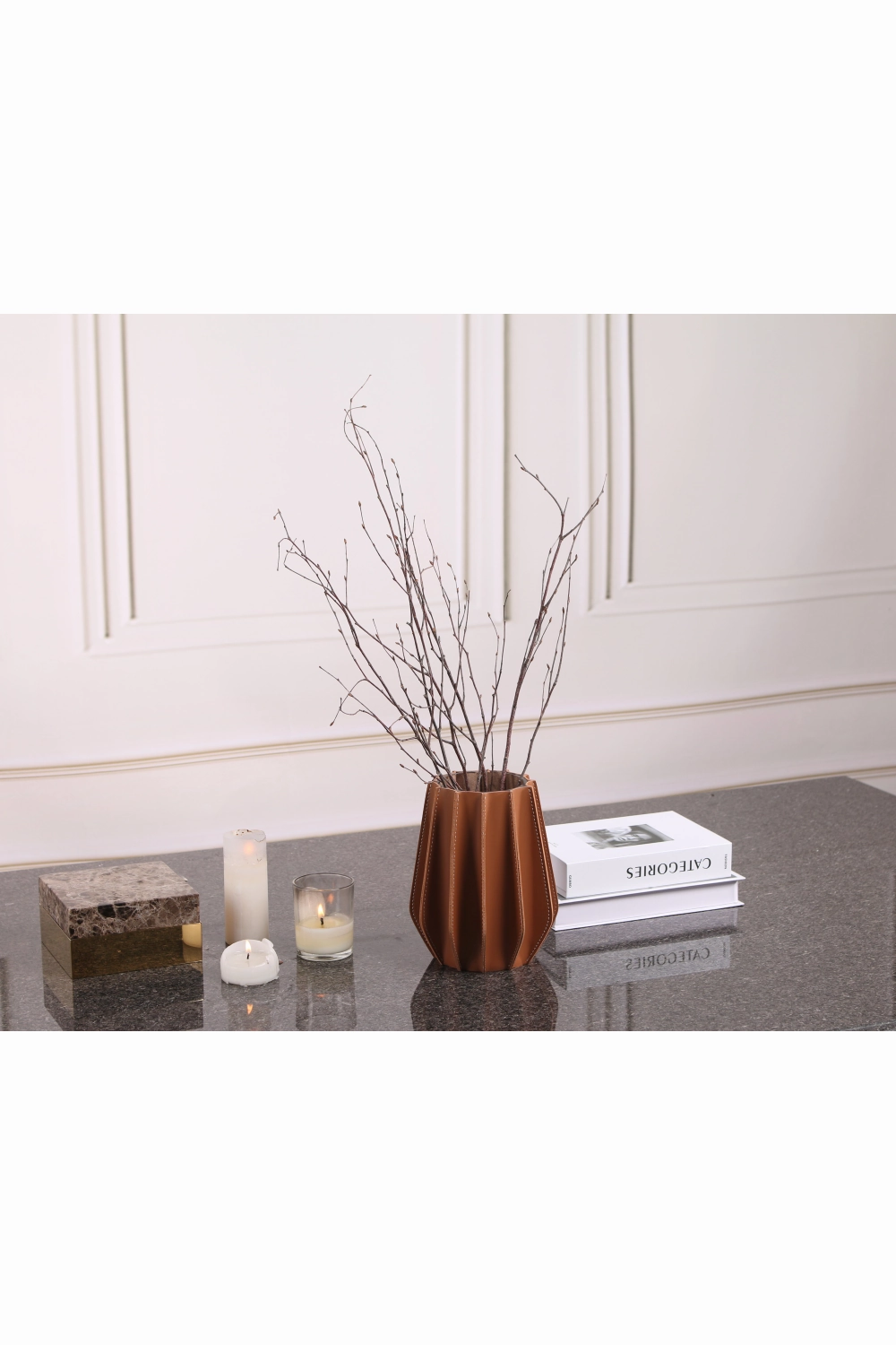 Brown Leather Fluted Vase | Liang & Eimil Juana