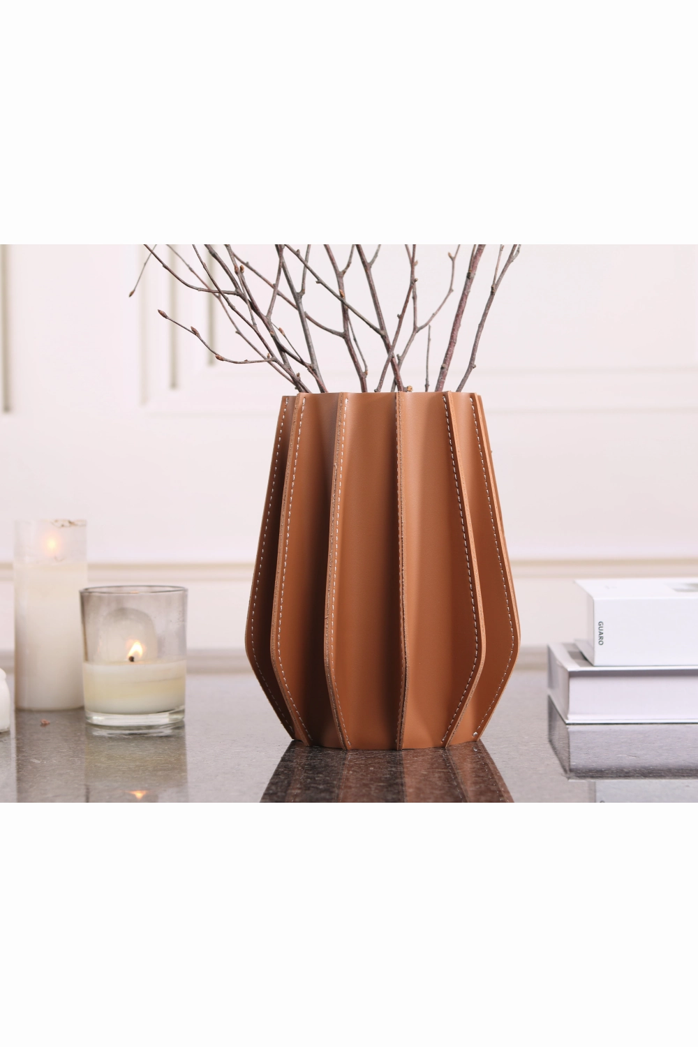 Brown Leather Fluted Vase | Liang & Eimil Juana