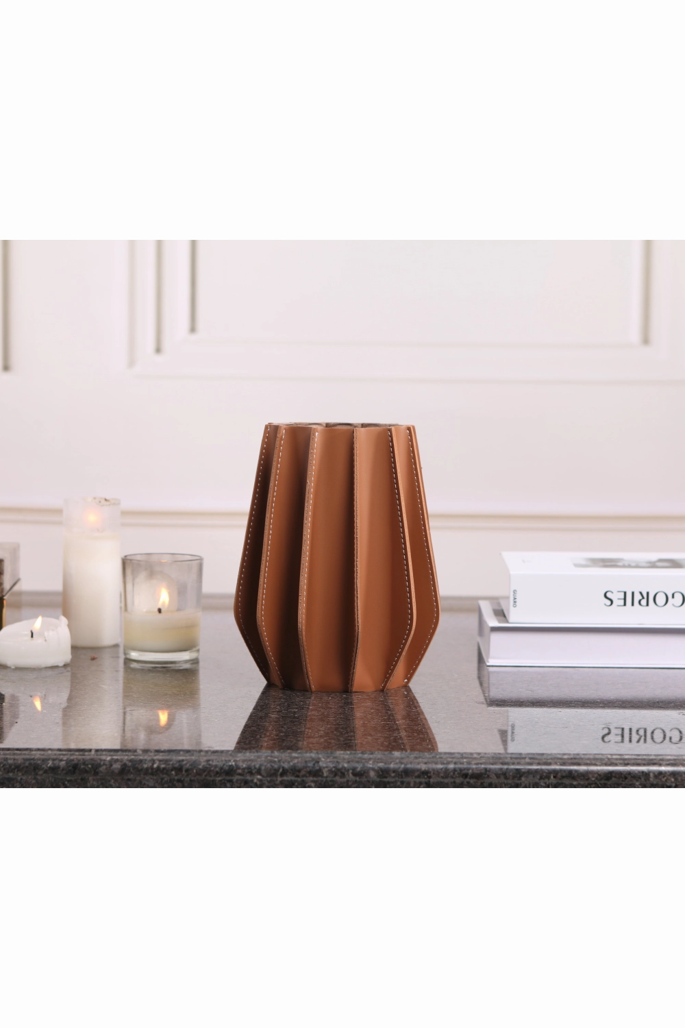 Brown Leather Fluted Vase | Liang & Eimil Juana