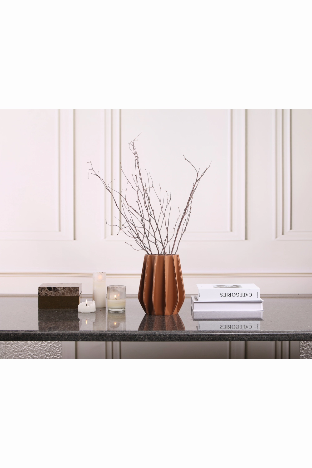 Brown Leather Fluted Vase | Liang & Eimil Juana