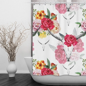 Bull Skull and Spring Flower Shower Curtains and Optional Bath Mats Lighting,Lamps Fixtures