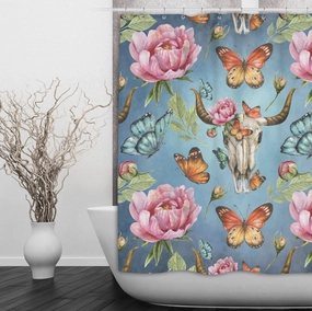 Bull Skull Peony Butterfly Shower Curtains and Optional Bath Mats Lighting,Lamps Fixtures
