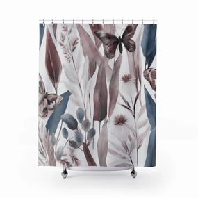 Butterflies Shower Curtain | Blue White Floral Bath Curtain Lighting,Home Lighting