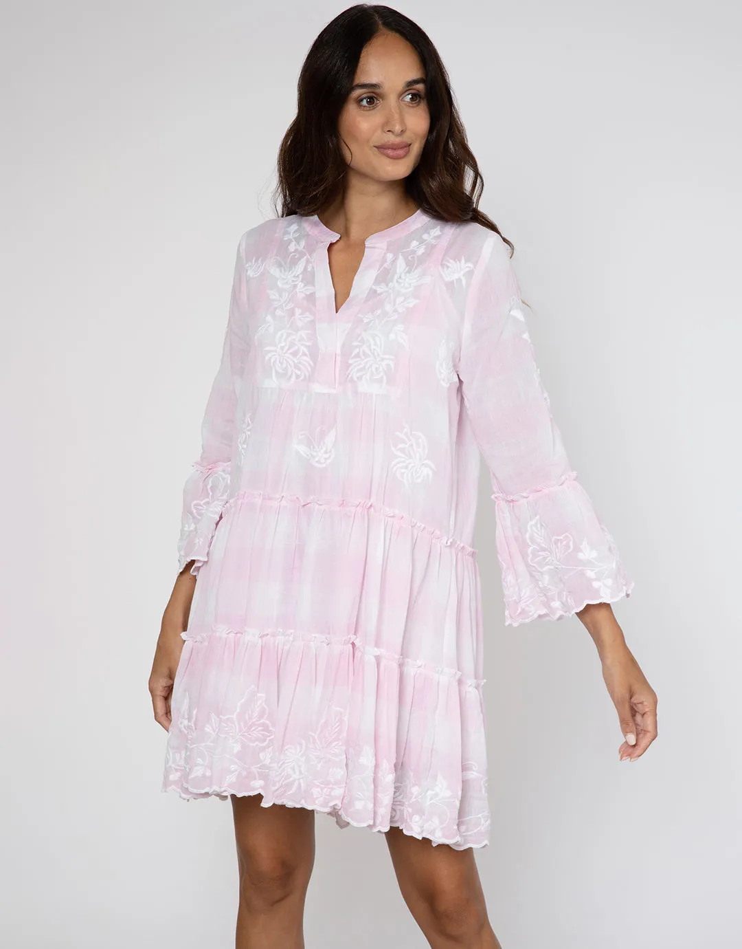 Butterfly Gingham Flared Sleeve Dress - Pink