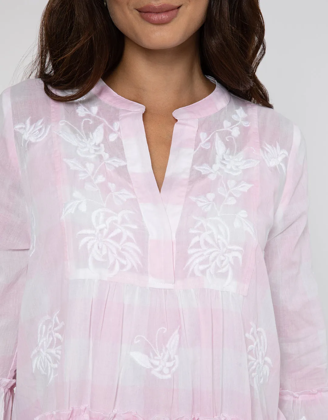Butterfly Gingham Flared Sleeve Dress - Pink