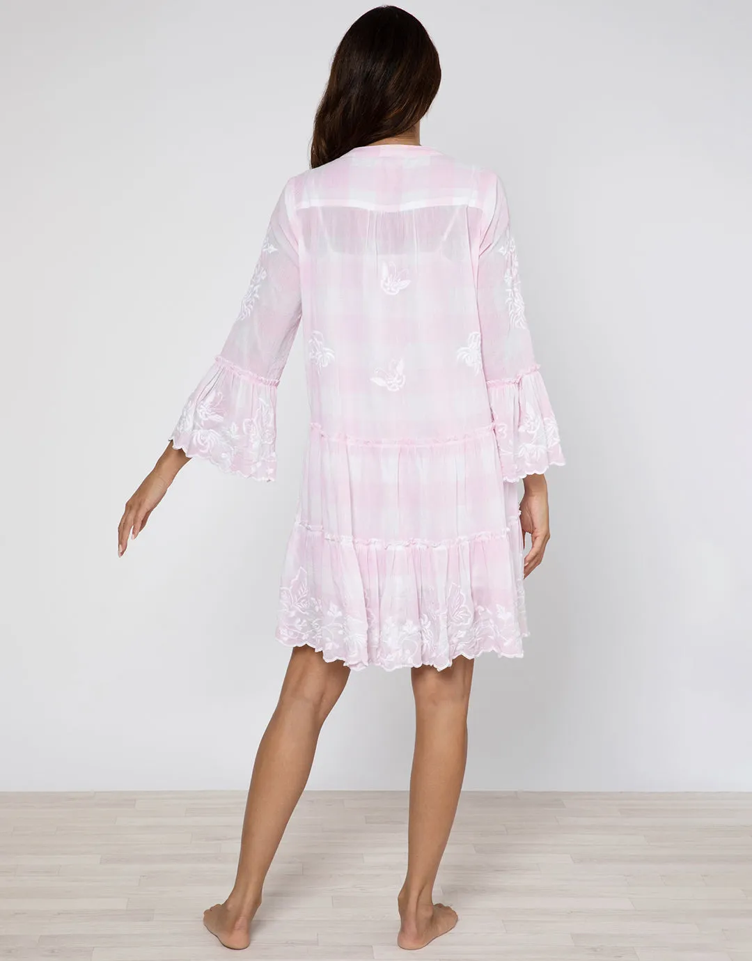 Butterfly Gingham Flared Sleeve Dress - Pink