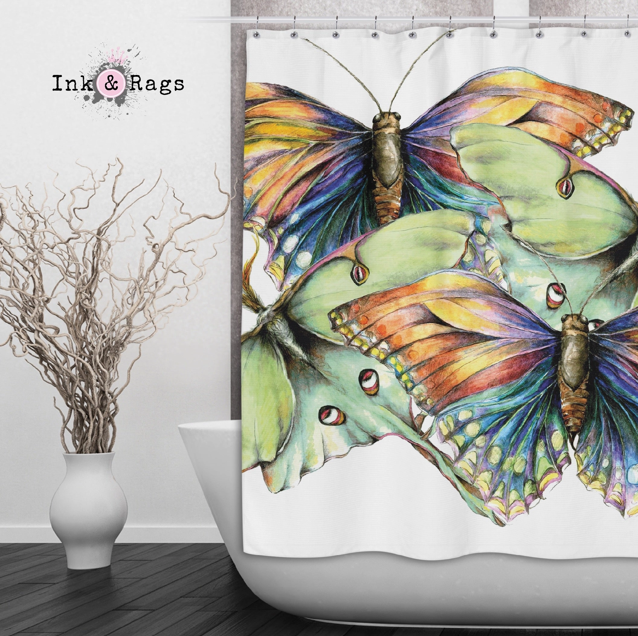 Butterfly and Luna Moth Watercolor Shower Curtains and Optional Bath Mats Lighting,Lamps Fixtures