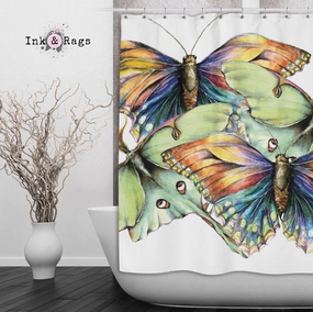 Butterfly and Luna Moth Watercolor Shower Curtains and Optional Bath Mats Lighting,Lamps Fixtures
