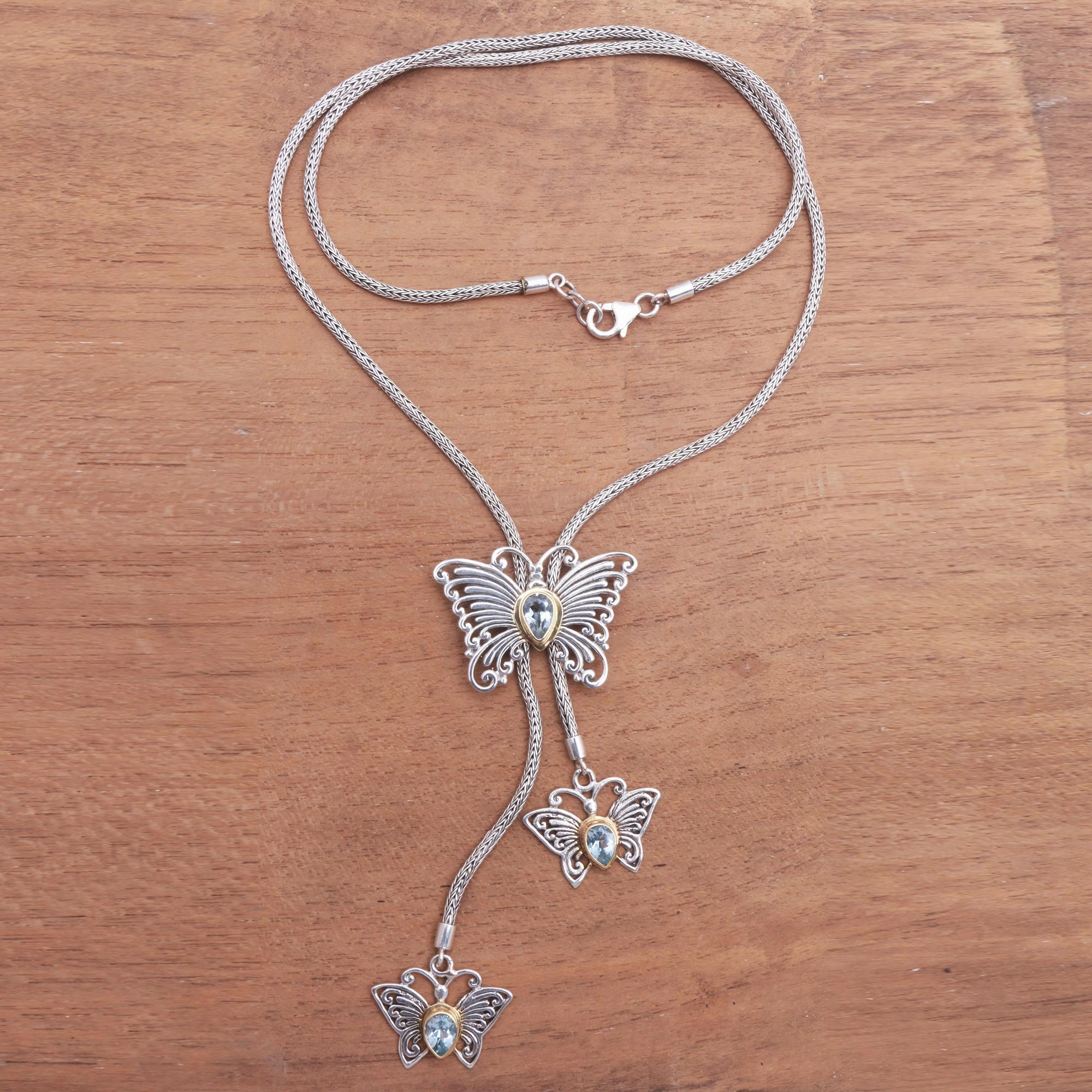 Butterfly Trio Gold Accented Blue Topaz Butterfly Lariat Necklace