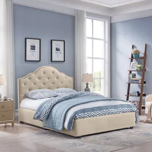 Button-Tufted Camelback Queen Bed Frame with Nailhead Trim - NH698603 throw blanket, decorative pillow
