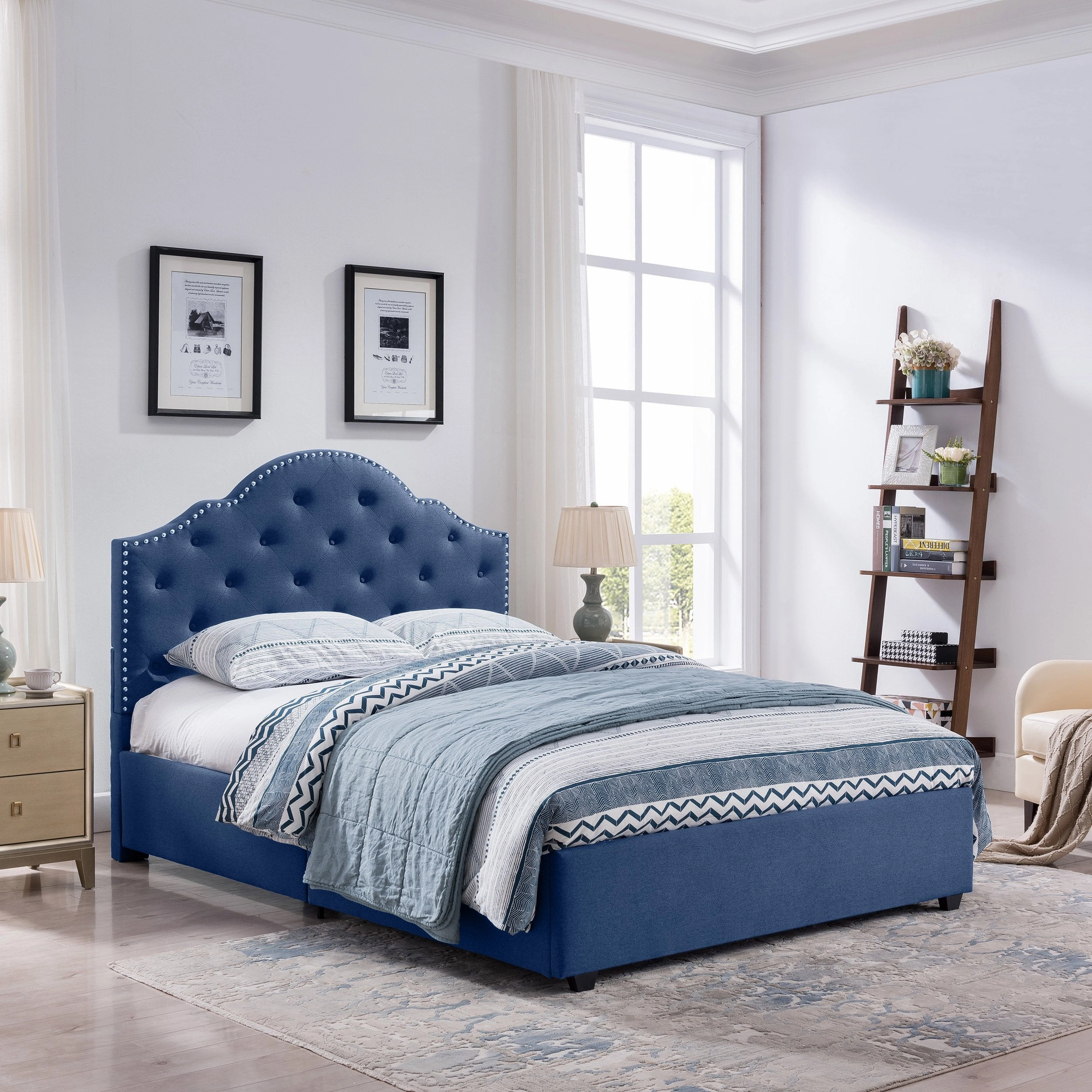 Button-Tufted Camelback Queen Bed Frame with Nailhead Trim - NH698603