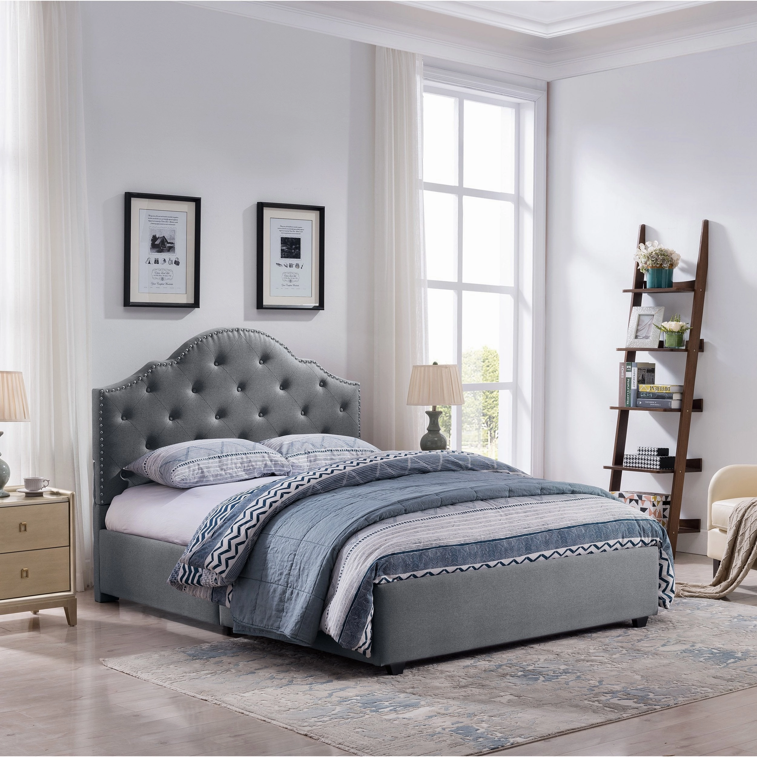 Button-Tufted Camelback Queen Bed Frame with Nailhead Trim - NH698603