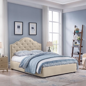 Button-Tufted Camelback Queen Bed Frame with Nailhead Trim - NH698603 throw blanket, decorative pillow