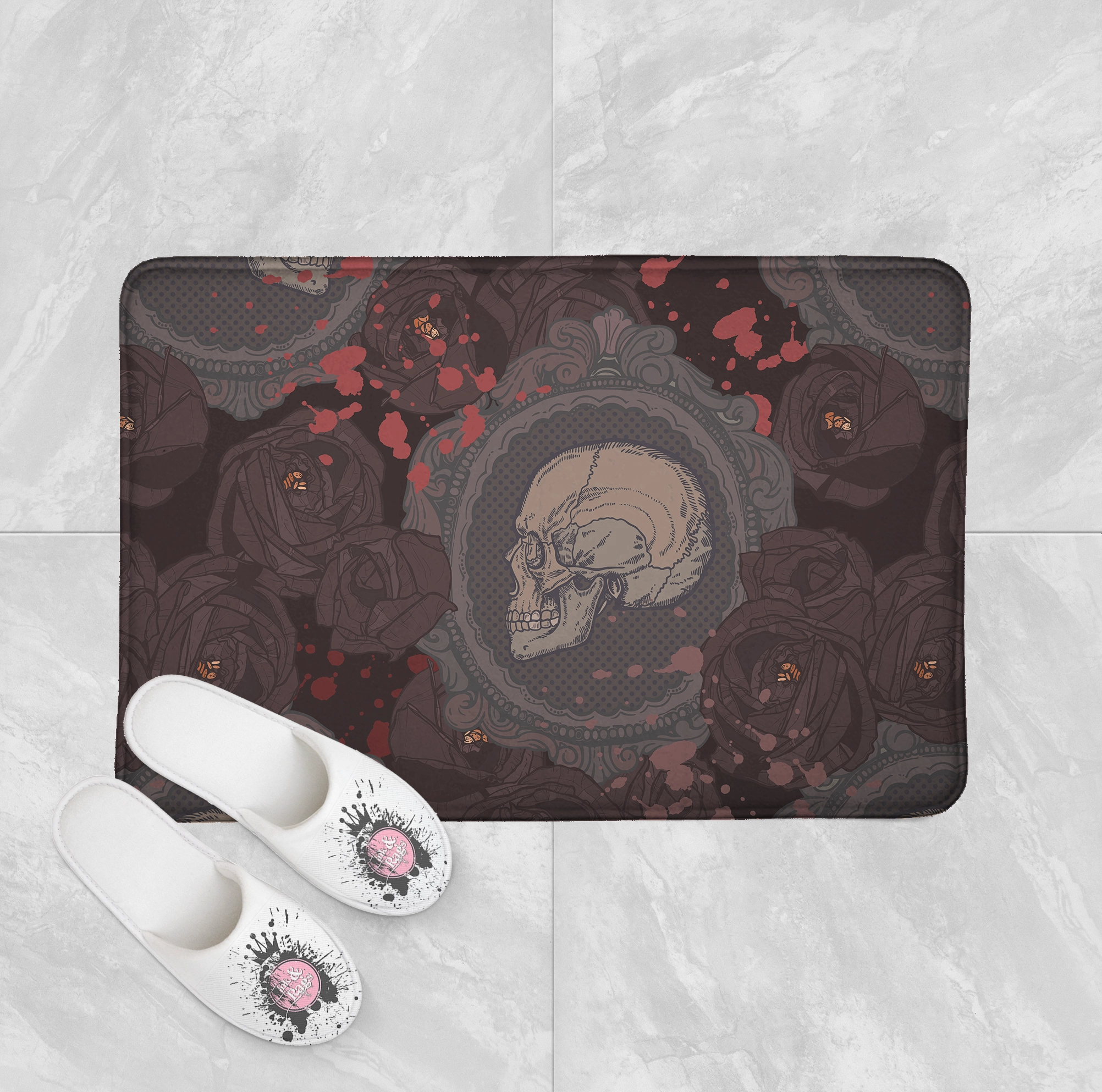 Cameo Skull Shower with Dark Roses Curtains and Bath Mats