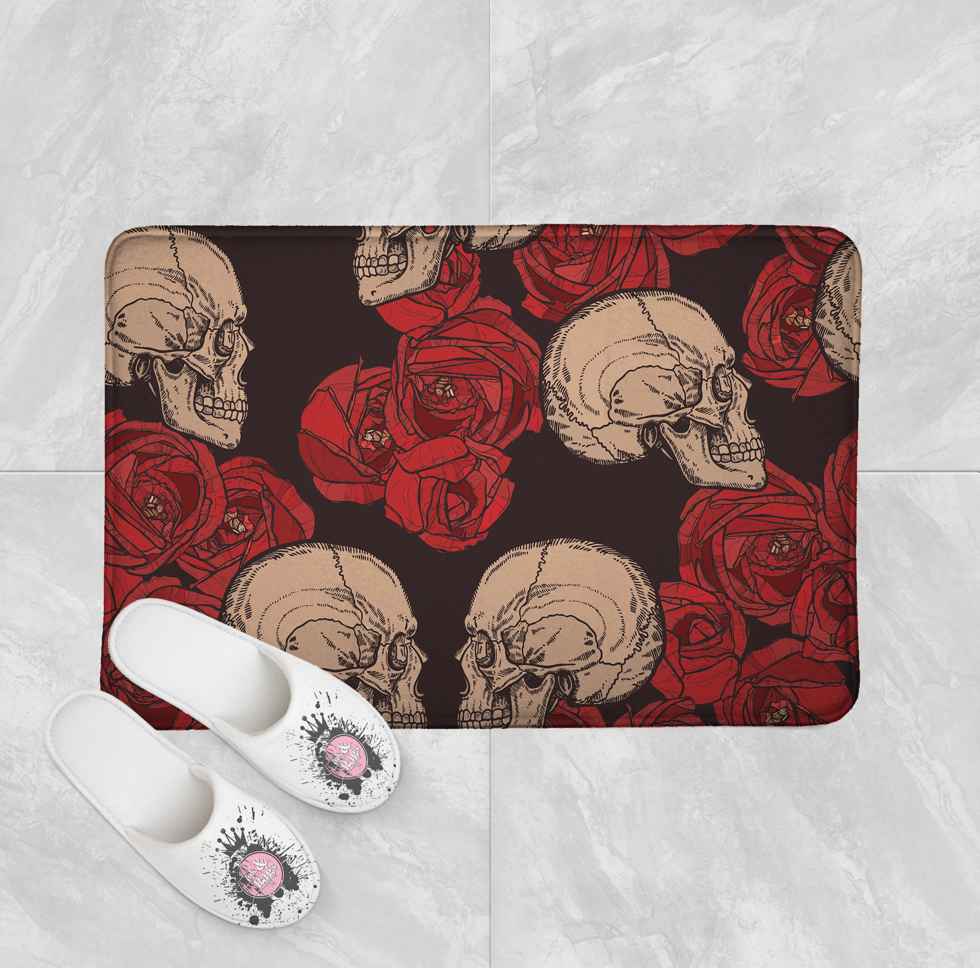 Cameo Skull with Red Roses Shower Curtains and Optional Bath Mats