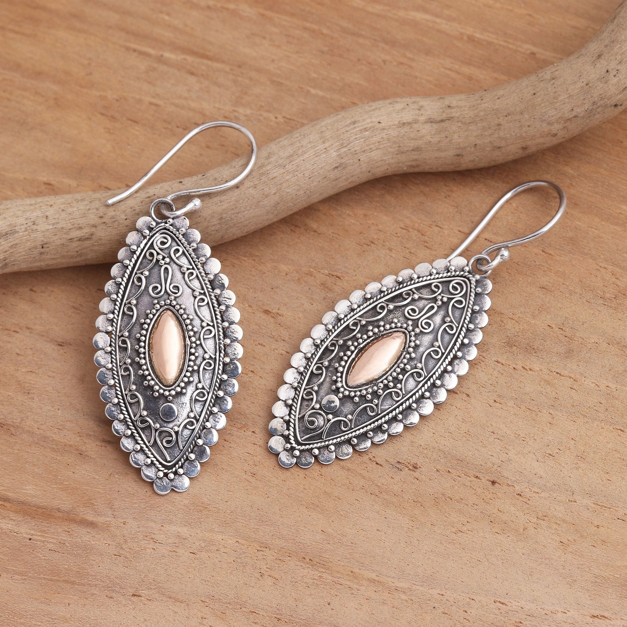 Canoe Gold Plated Sterling Silver Balinese Dangle Earrings