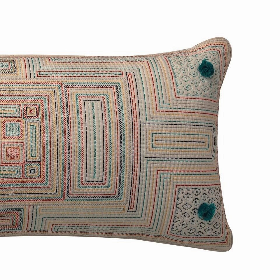 Carriles Pom Pom Deco Pillow Ivory Blue