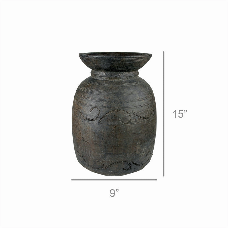 Carved Wood Pot, Dark - Lrg