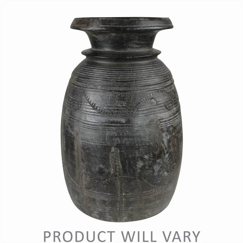 Carved Wood Pot, Dark - Lrg