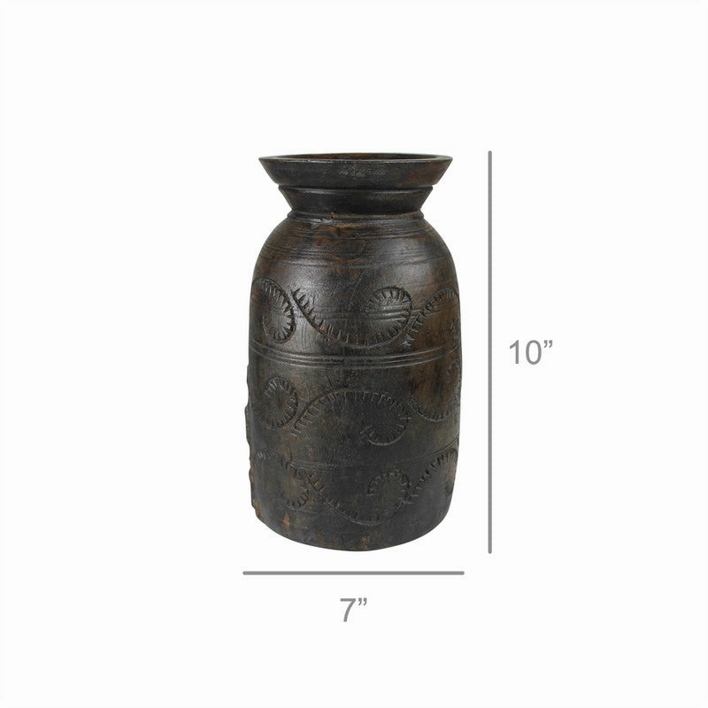 Carved Wood Pot, Dark - Med
