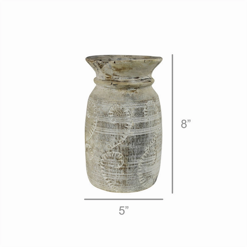 Carved Wood Pot, Whitewash - Sm