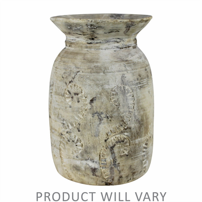 Carved Wood Pot, Whitewash - Sm
