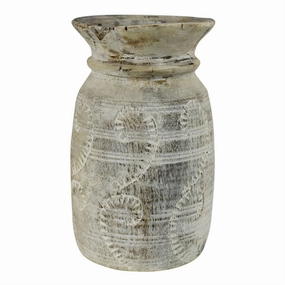 Carved Wood Pot, Whitewash - Sm Vase,Ceramic Vase