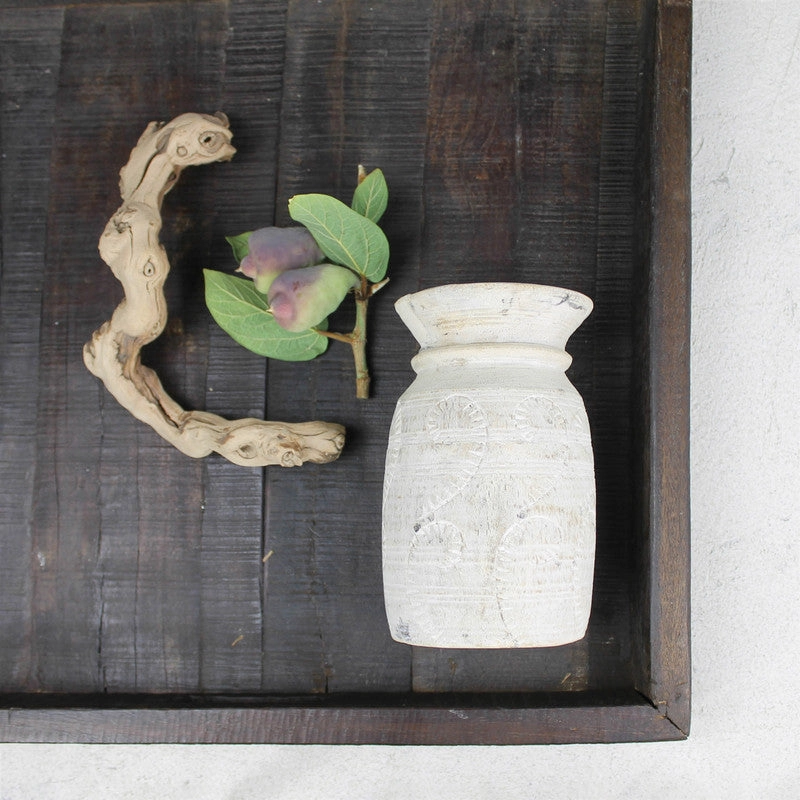 Carved Wood Pot, Whitewash - Sm