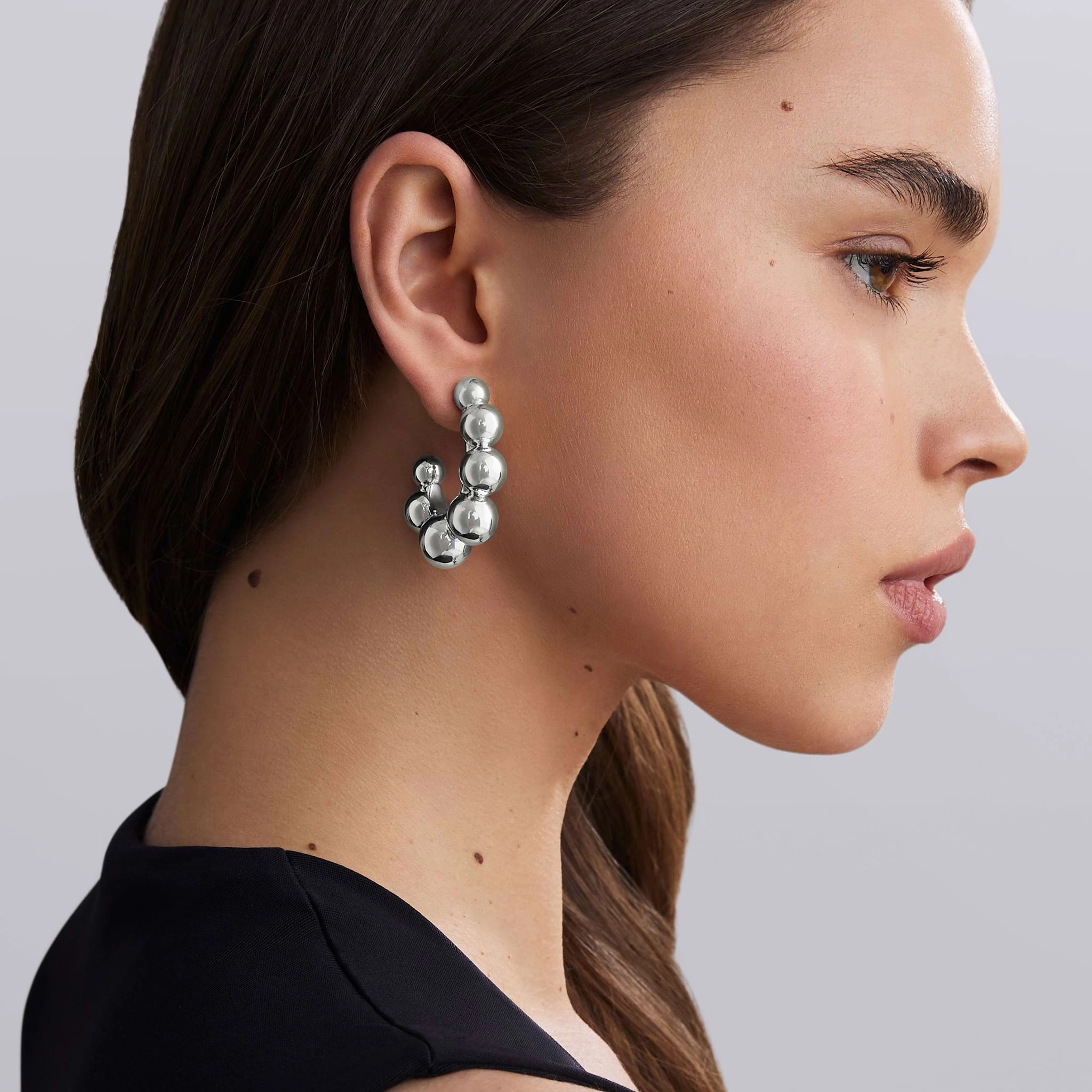 Caviar Bubbly Large Silver Beaded Hoop Earrings