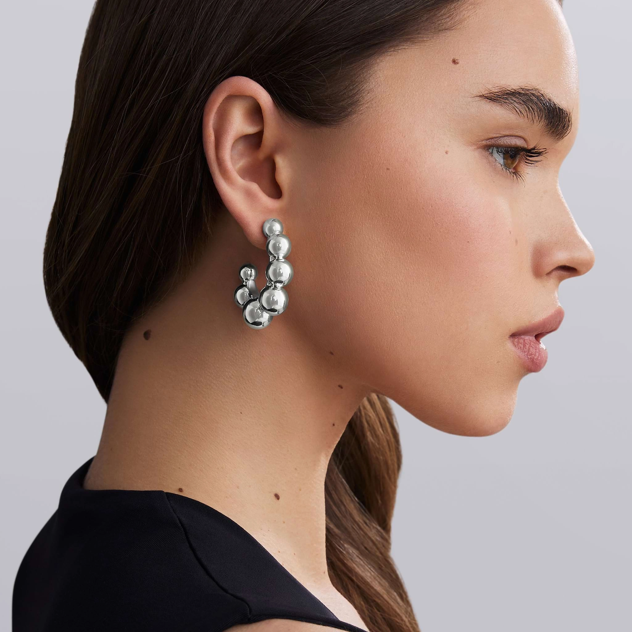 Caviar Bubbly Large Silver Beaded Hoop Earrings