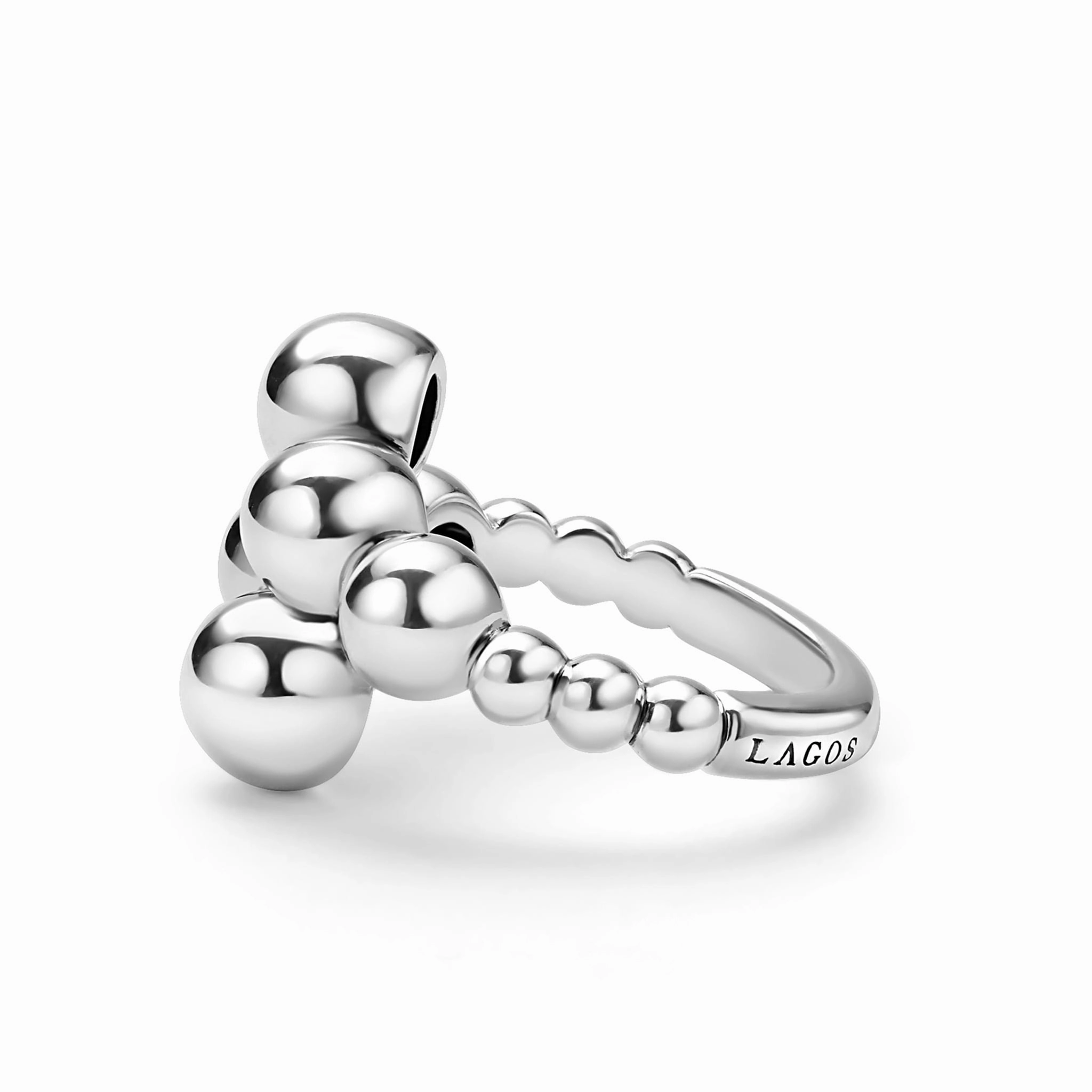 Caviar Bubbly Silver Beaded Cross Over Ring