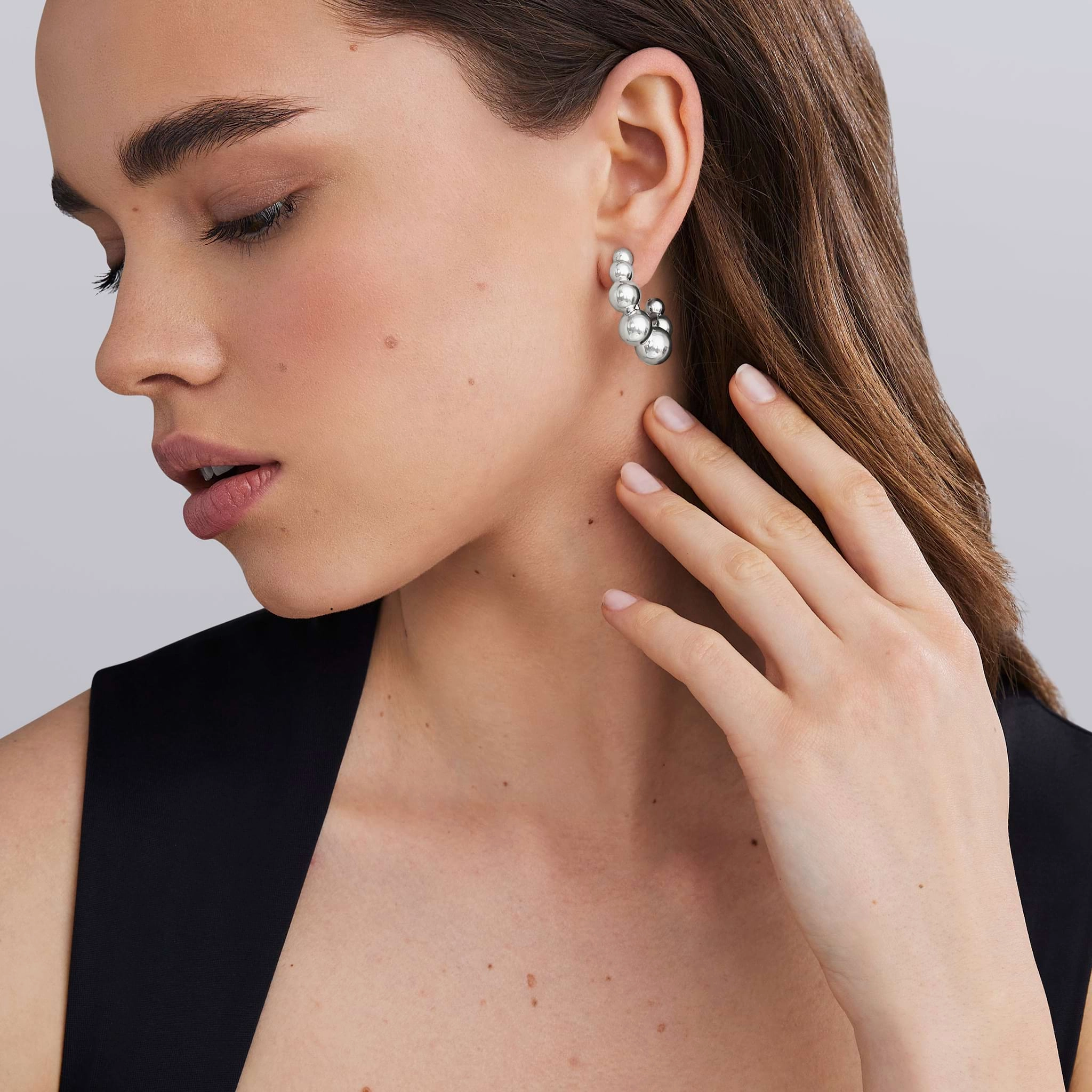 Caviar Bubbly Silver Beaded Hoop Earrings