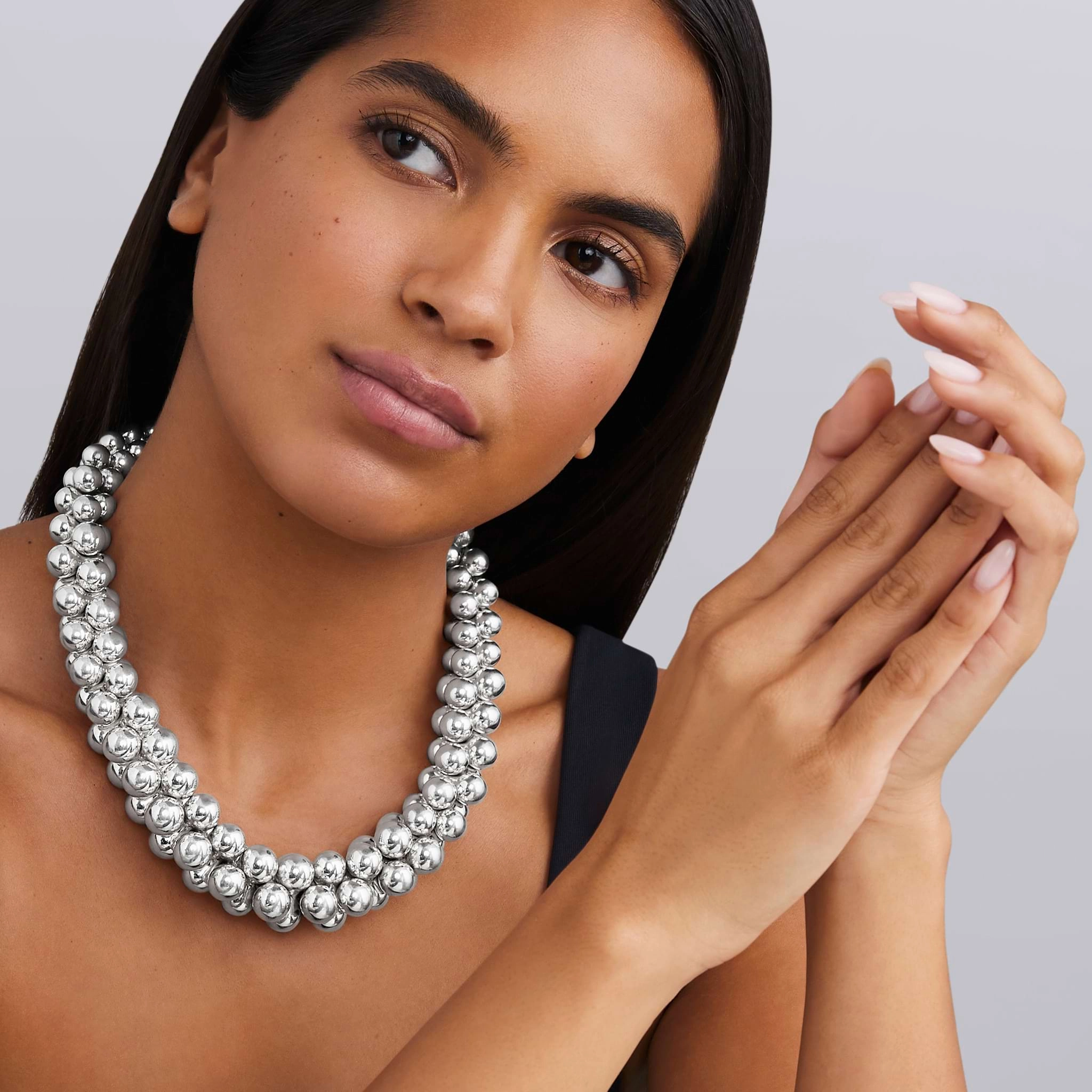 Caviar Bubbly Silver Beaded Statement Necklace