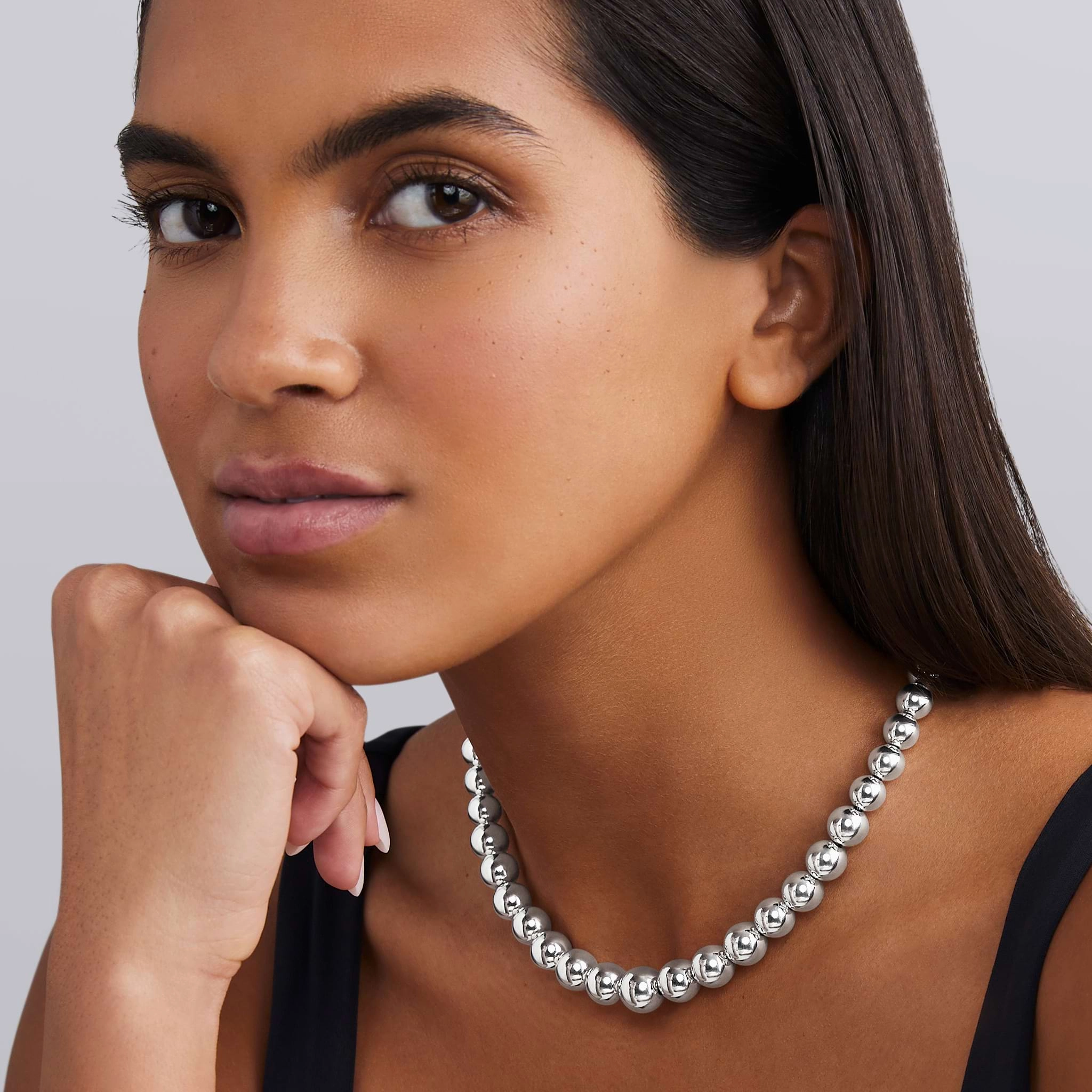 Caviar Bubbly Silver Graduated Bead Necklace