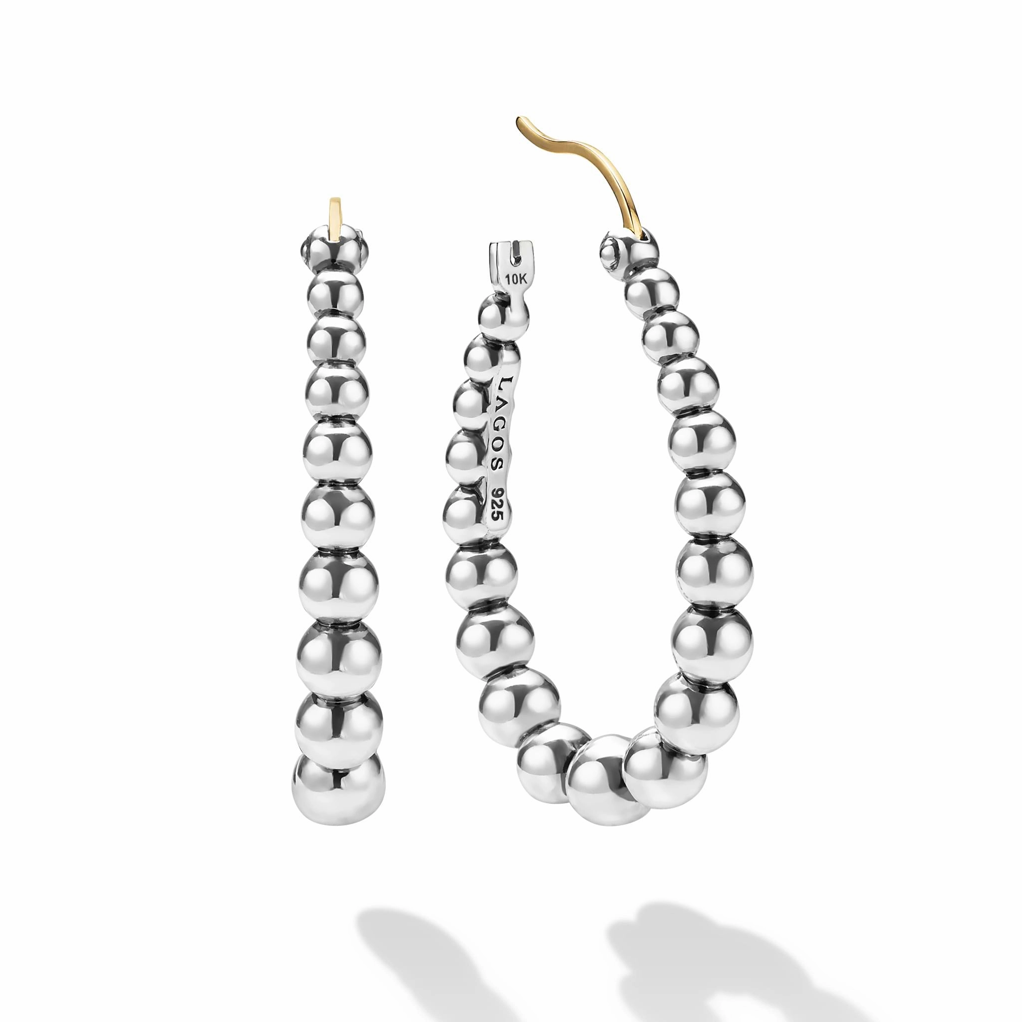 Caviar Bubbly Silver Oval Beaded Hoop Earrings